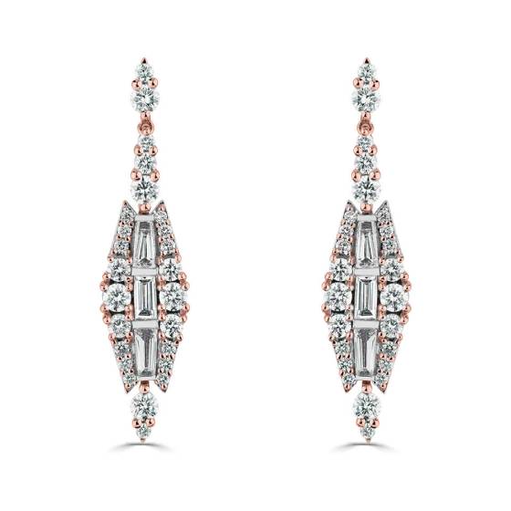 Round and Baguette Diamond Large Reflection Drop Earrings
