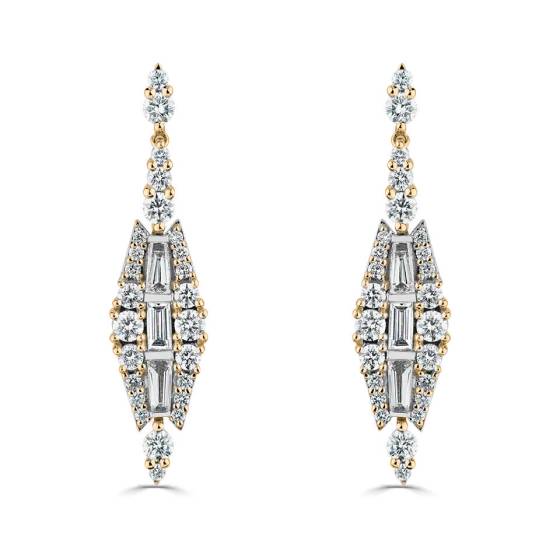 Round and Baguette Diamond Large Reflection Drop Earrings