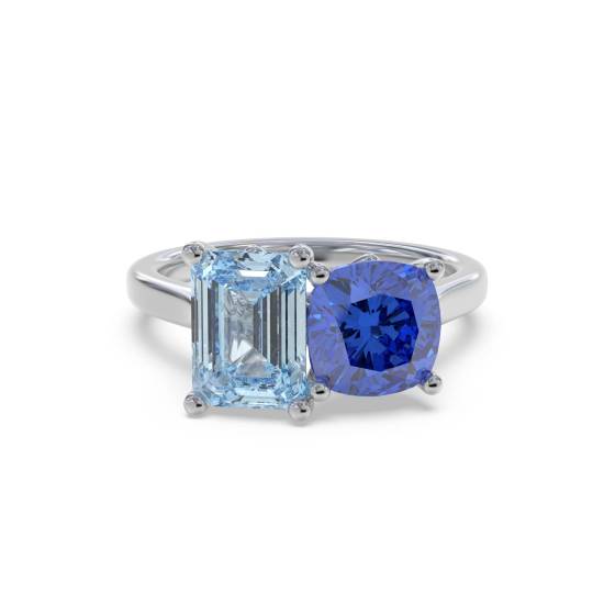2.00ct Emerald and Cushion Aquamarine and Tanzanite Ring
