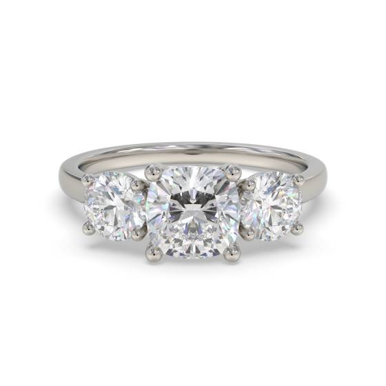 Modern Cushion and Round Diamond Trilogy Ring