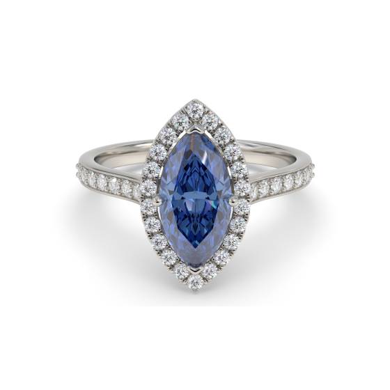 Blue Sapphire Marquise Shaped Diamond Single Halo Shoulder Set Ring