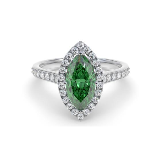 Green Emerald Marquise Shaped Diamond Single Halo Shoulder Set Ring