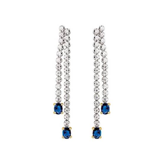 1.00ct VS/F-G Double Row Drop Earrings Diamond and Blue Sapphire