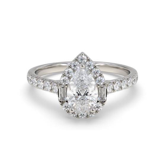 1.00ct Pear Diamond Halo Round And Baguette Shoulder Set Ring