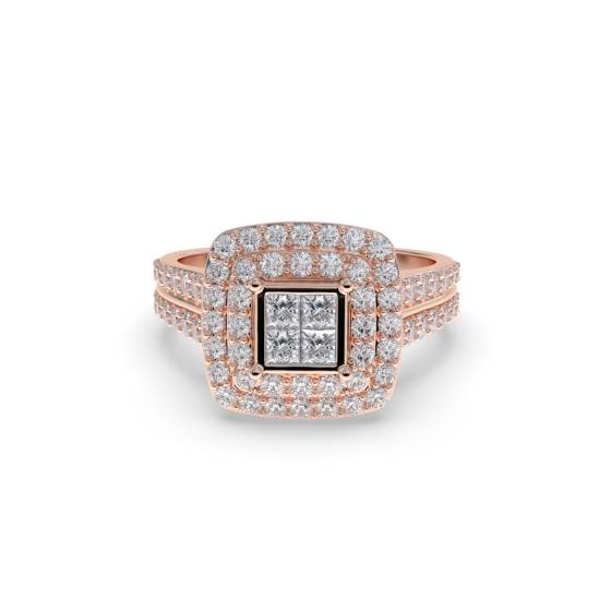 Double Halo Round and Princess Diamond Cluster Shoulder Set Ring