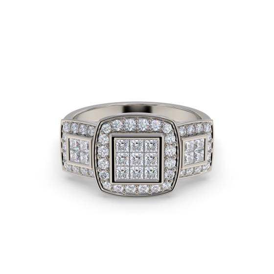 Princess and Round Diamond Designer Halo Cluster Ring