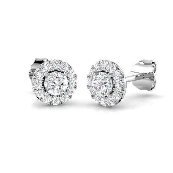 0.57ct SI1/G Round cut Natural Diamond Halo Earrings in 18k White Gold