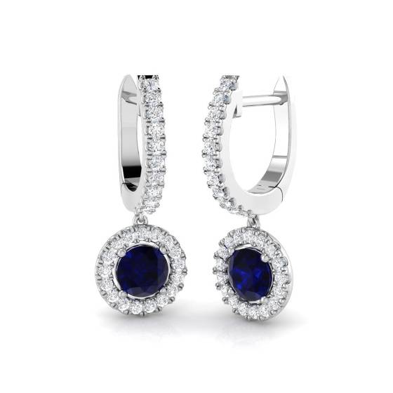 Round Blue Sapphire and Diamond Halo Drop Earrings