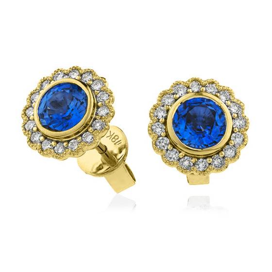 Round Blue Sapphire and Diamond Cluster Earrings