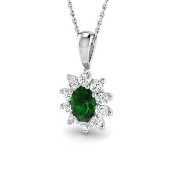 1.40ct VS/E-F Oval Emerald Gemstone and Round Diamond Halo Pendant