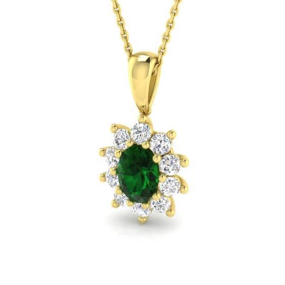 1.40ct VS/E-F Oval Emerald Gemstone and Round Diamond Halo Pendant