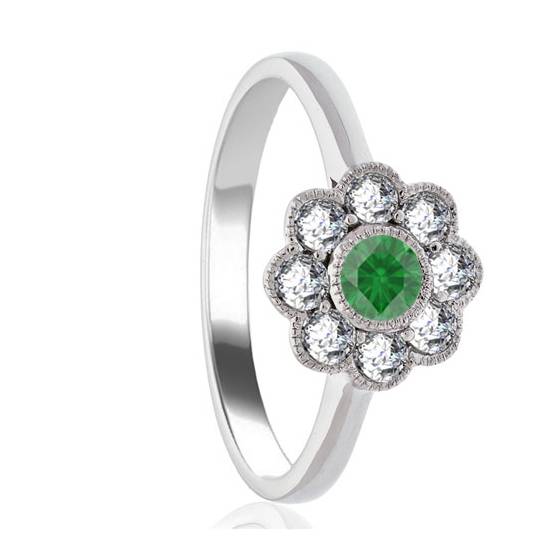Round Emerald and Diamond Cluster Ring