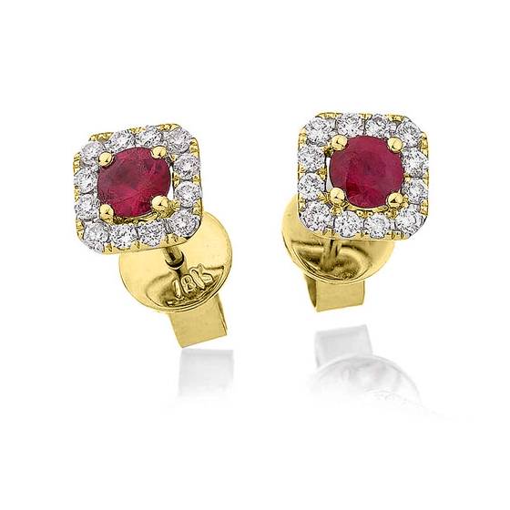 Round Ruby and Diamond Cluster Earrings