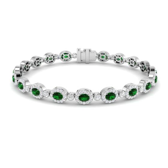5.55ct VS/E-F Oval Cut Emerald and Round Diamond Halo Bracelet