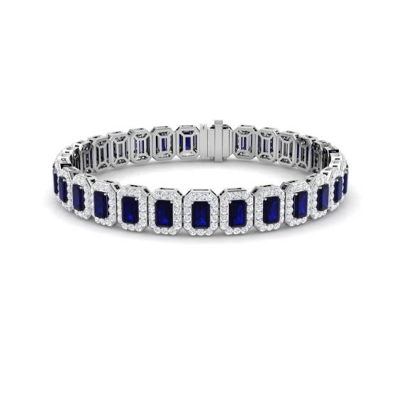 14.25ct VS/E-F Emerald Cut Blue Sapphire and Round Diamond Bracelet
