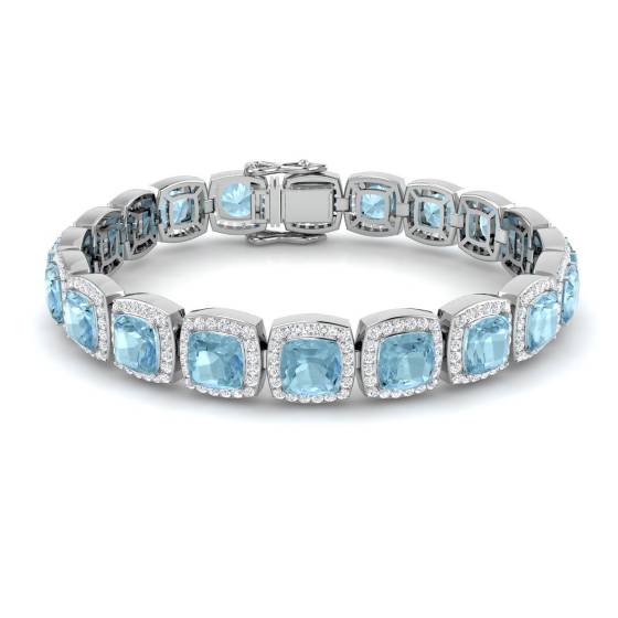 20.70ct VS/E-F Cushion Aquamarine and Round Diamond Halo Bracelet