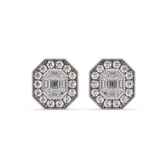 Emerald and Round Diamond Halo Cluster Earrings