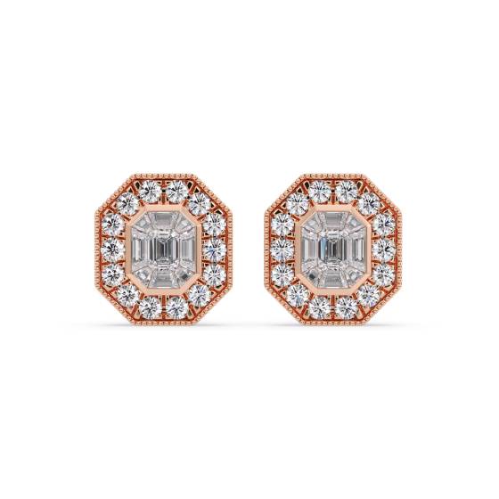 Emerald and Round Diamond Halo Cluster Earrings