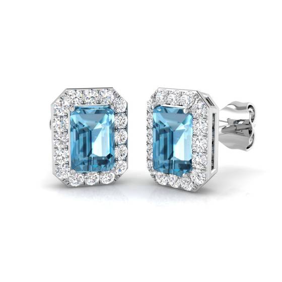 Emerald and Round Blue Topaz Halo Earrings