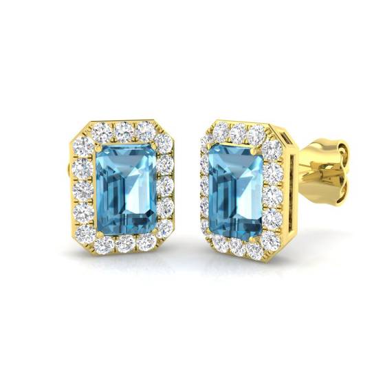 Emerald and Round Blue Topaz Halo Earrings