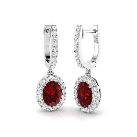 Oval and Round Ruby and Diamond Halo Drop Earrings
