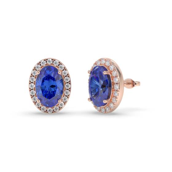 4.00ct Oval Tanzanite and Round Diamond Halo Earrings