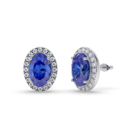 4.00ct Oval Tanzanite and Round Diamond Halo Earrings