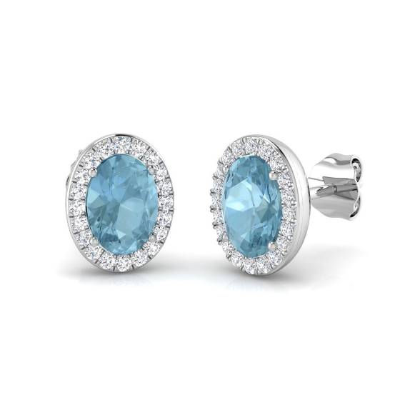 Oval and Round Aquamarine Halo Earrings