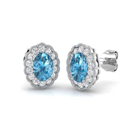 Oval and Round Blue Topaz Halo Earrings
