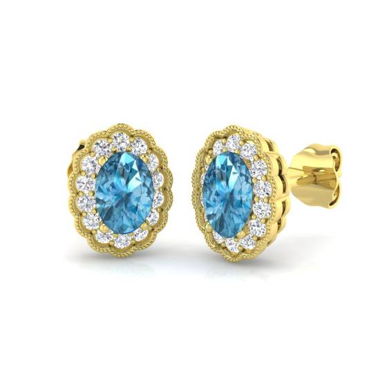 Oval and Round Blue Topaz Halo Earrings
