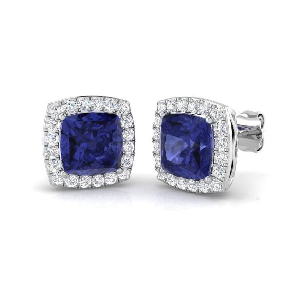 4.00ct Cushion Tanzanite and Round Diamond Halo Earrings