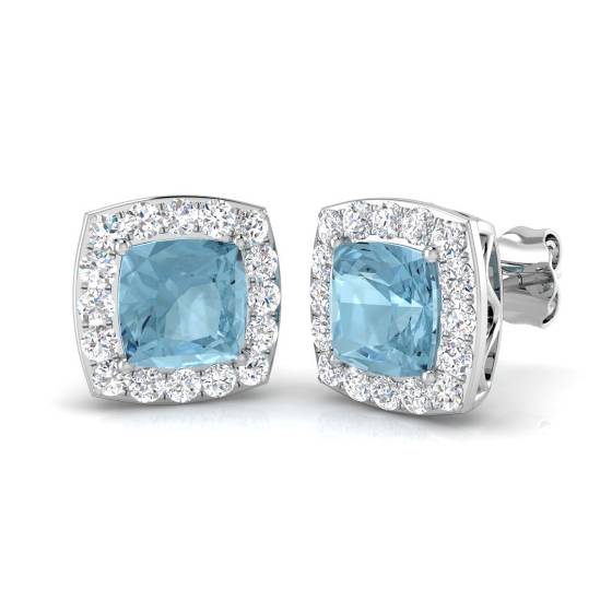 Cushion and Round Aquamarine Halo Earrings