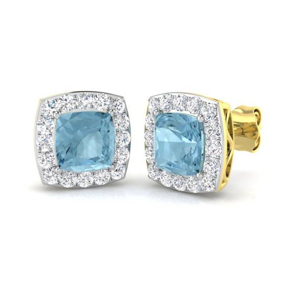Cushion and Round Aquamarine Halo Earrings