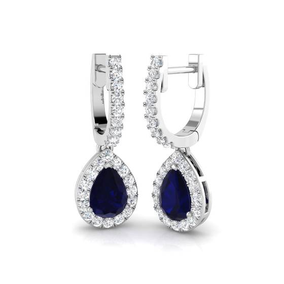 Pear and Round Blue Sapphire and Diamond Halo Drop Earrings