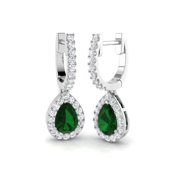 Pear and Round Emerald and Diamond Halo Drop Earrings