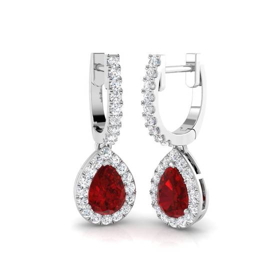 Pear and Round Ruby and Diamond Halo Drop Earrings