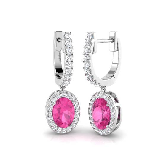 Oval and Round Pink Sapphire and Diamond Halo Drop Earrings