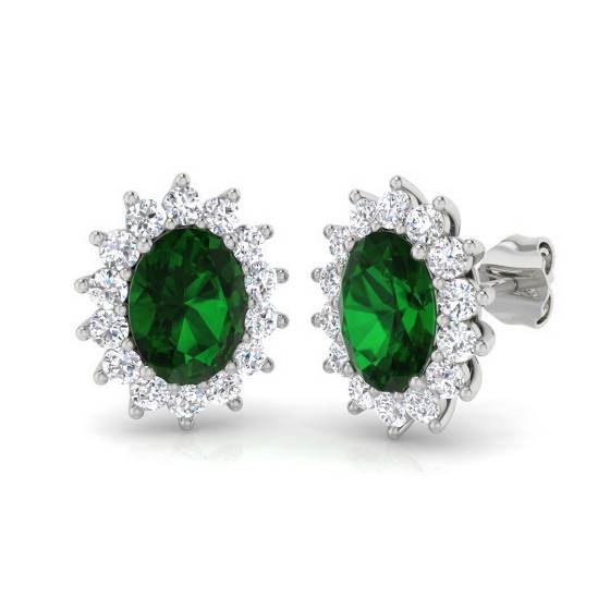 1.25ct Oval Cut Emerald Gemstone and Round Diamond Earrings