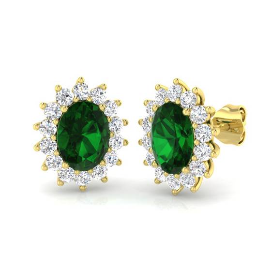 1.25ct Oval Cut Emerald Gemstone and Round Diamond Earrings