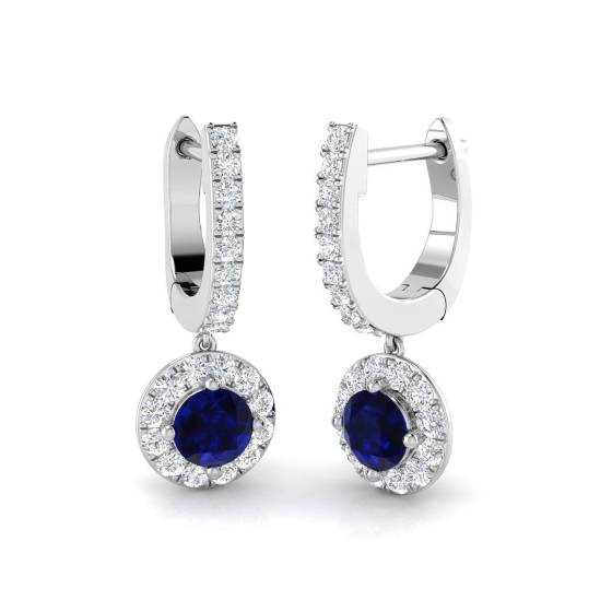 Round Blue Sapphire and Diamond Halo Drop Earrings