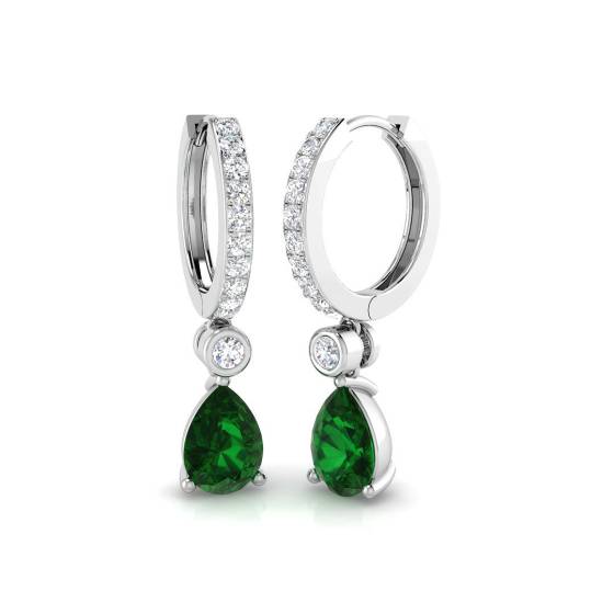 Pear and Round Emerald Gemstone and Diamond Hoop Earrings