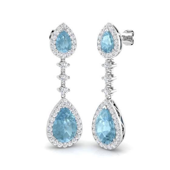 Pear and Round Aquamarine Halo Earrings