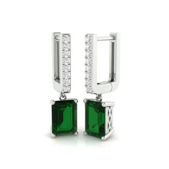 Green Emerald Gemstone and Round Diamond Drop Earrings