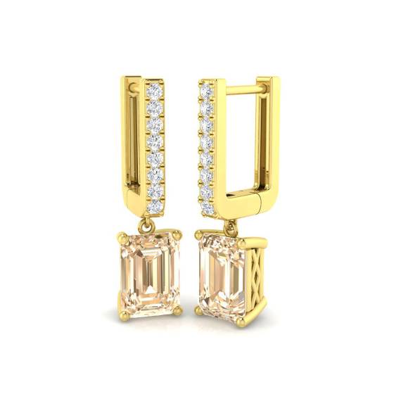 Emerald Cut Morganite Gemstone and Round Diamond Drop Earrings
