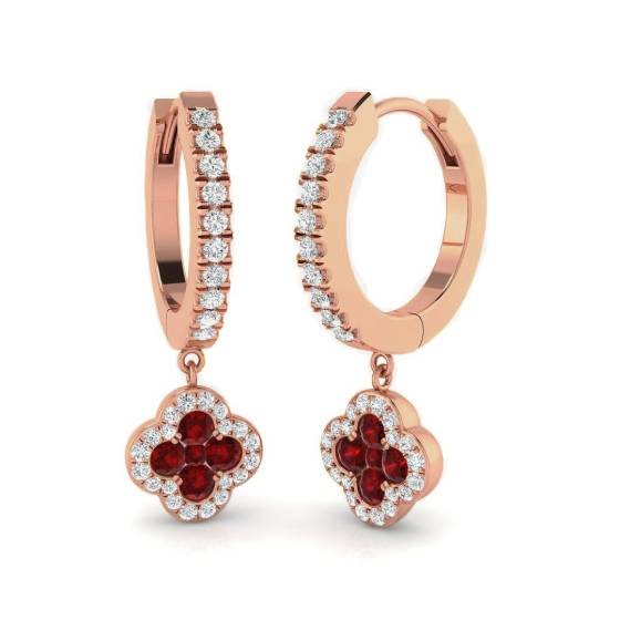 Round Ruby Gemstone and Diamond Hoop Earrings