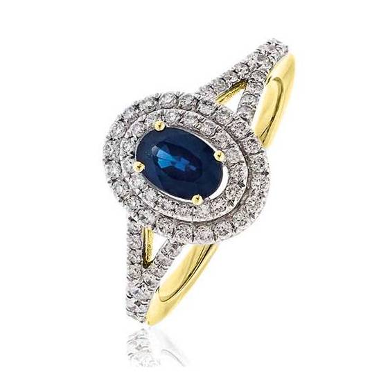 Blue Sapphire and Diamond Halo Ring