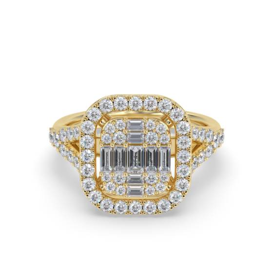 1.00ct Modern Round and Baguette Diamond Halo Cluster Ring