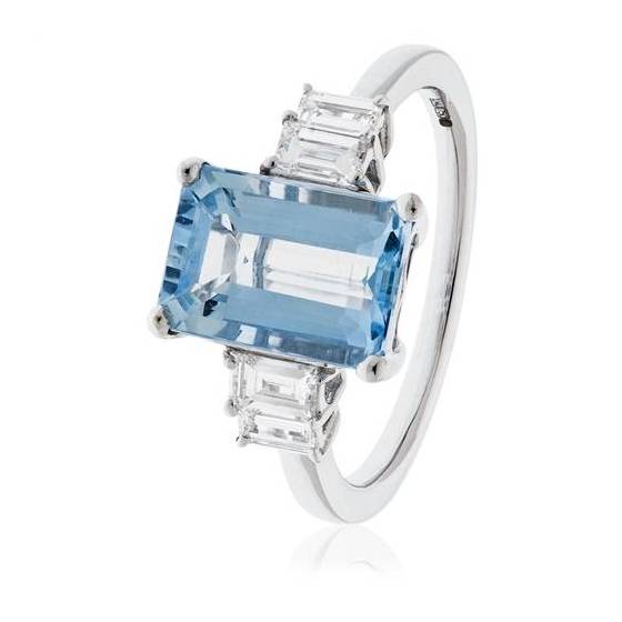 3.00ct Emerald Shaped Aquamarine and Diamond Halo Ring