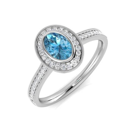 0.80ct VS/E-F Oval Cut Blue Topaz Oval and Round Diamond Bezel Set Halo Shoulder Set Ring