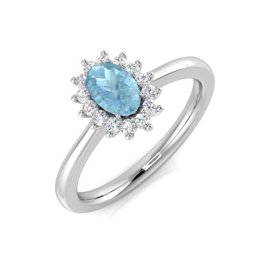 Oval and Round Diamond Aquamarine Halo Gemstone Ring